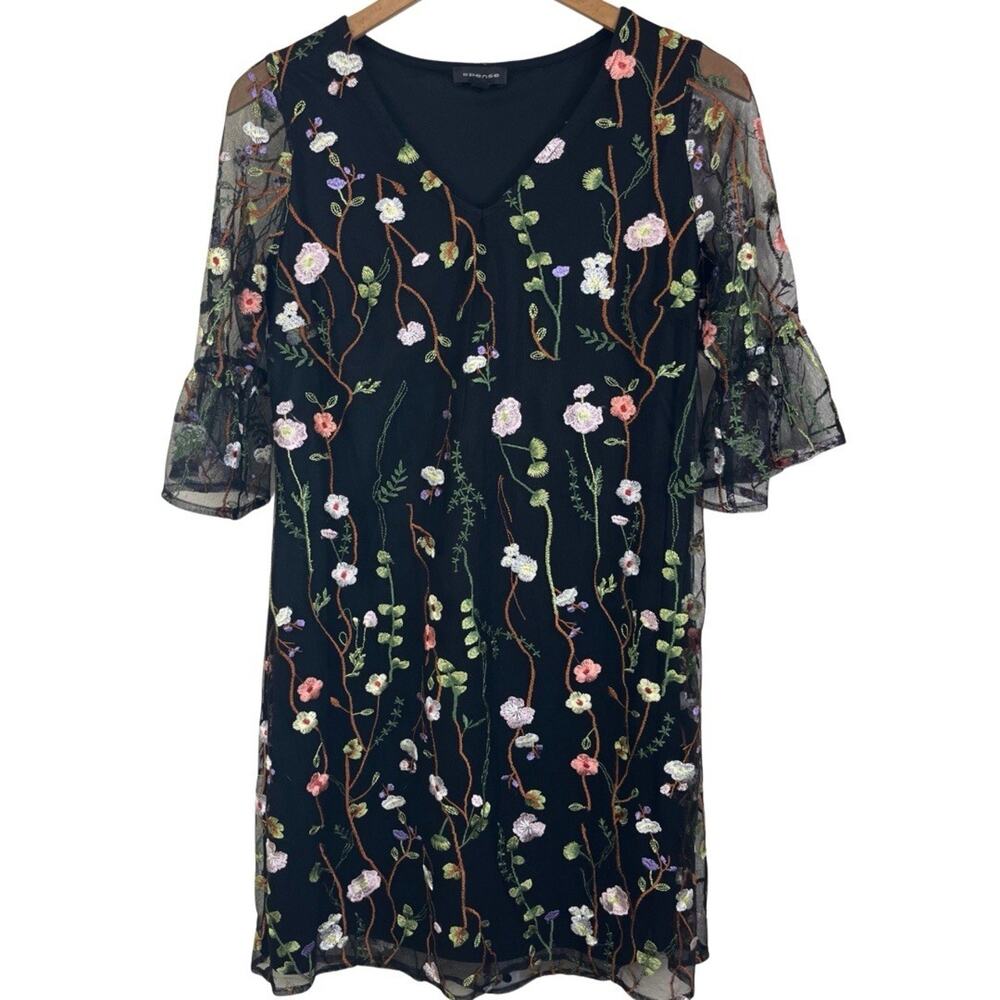 Spense Embroidered Floral Mesh Dress Size 4 Sheer Sleeve Botanical Shift
